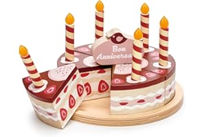 Tender Leaf Toys Jeux de Rôle: GÂTEAU d'anniversaire AU Chocolat 15x15x9cm, 6 pièces avec 6 Bougies sur Une Assiette en Bois Naturel, en Bois, en boîte 18,5x6,5x18cm, 3+