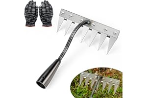 HYUNLAI Rateau Jardin, Râteau De Désherbage avec des Gants, Rateau De Jardin en Acier Au Carbone, 5/6/7/8 Teeth Outils De Râteau à Main, Outil Jardinage pour Désherbage Ameublissement du Sol Semis (7 Dents)