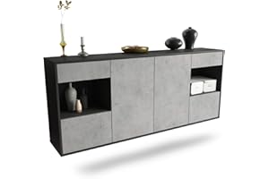 Dekati Sideboard Charleston hängend (180x77x35cm) Korpus anthrazit matt - Front Beton Optik - Push to Open - Leichtlaufschienen