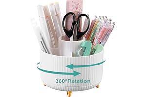 Lenfuos Rotating Pen Pencil Holder Desk Organiser - 360 Degree Pencil Pots Makeup Brush Holder with 5 Compartments for Home Office Supplies Desktop Tidying and Stationary Storage (White)