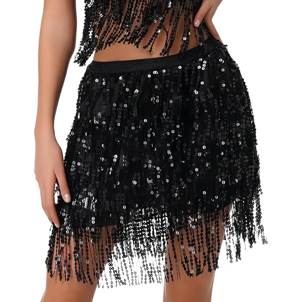Jupe De Danse Du Ventre Noire à Paillettes - Mini Jupe Stretch Avec écharpe Carrée - Serviette De Hanche Pour Spectacles Et Soirées