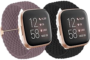 BXKM 2 Pack Braided Solo Loop Straps Compatible with Fitbit Versa 2/Versa/Versa Lite/Versa SE for Women, Adjustable Elastic Stretchy Nylon Sport Bracelet Watch Band