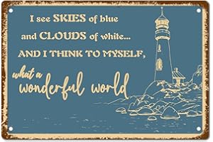 CREATCABIN Phare Plage Merveilleux Monde Métal Tin Sign Bleu Couleur Vintage Décoration Murale Maison Plaque Affiche pour Maison Ferme Jardin Cuisine Café Bureau Garage Décoration 12 x 8 Pouce