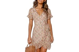 TOPLAZA Beach Wrap Dress Women Chiffon V Neck Flower Print Short Sleeves