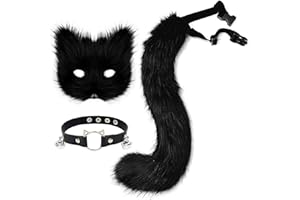 hbbhml Kunstpelz Fuchs Maske Wolf Katze flauschiger Schwanz und Leder Halskette Set Halloween Party Cosplay Kostüm Accessoire
