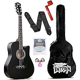 Intern 38 Inch Acoustic Guitar for Beginners with Bag, Strap, Strings, Picks & Winder | Cutaway Design | Steel String Guitar for Kids & Adults (Black): 