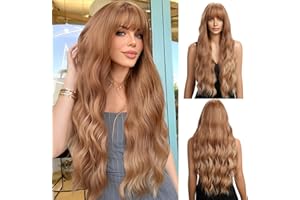 OUFEI Parrucca Lunga Ondulata Bionda Fragola con Frangia per Le Donne Capelli Ricci Naturali Parrucche Sintetiche Resistenti al Calore per il Partito Quotidiano Cosplay Wear
