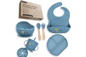 BEE KIDDIE Baby Weaning Set,Silicone Suction Bowl plate, cup with lid, bib and spoons. It's essential Munchkin/Toddler bowls for childrens kit.7pcs kit for Your babies.Eco friendly BPA free. UK brand