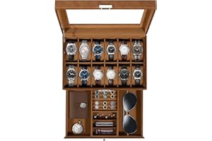 Uten Boîte à Montres 12 Compartiments, 2 Niveaux Coffret à Montres en PU, Couvercle en Verre, Coffret de Rangement pour Montres, Coussinets Coton de Soie, Doublure Marron, Idée Cadeau