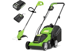 Greenworks Tondeuse à gazon et Coupe-bordure à batterie G24LMSTK2 (24 V Li-Ion jusqu'à 150m² 7000 rpm avancement du fil automatique, batterie 2Ah et chargeur inclus)