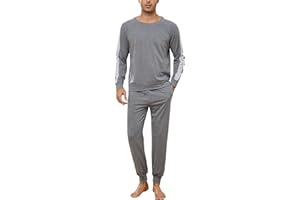Bresdk Pijama Hombre Invierno Algodon Manga Larga Ropa de Dormir Rayas Pijamas Largos Cuello en V Dos Piezas