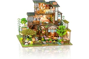 Cuteefun Casa de Muñecas de Madera con LED, Manualidades de Madera para Adultos Adolescentes para Construir, Regalos de Cumpleaños y Navidad (Patio de Bambú)