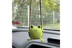 ALUNME Crochet Swinging Frog Car Mirror Hanging Decor, Cute Aesthetic Car Accessories for Women, Knitted Rearview Mirror Ornament, Perfect for Home Office Car Interior Decor