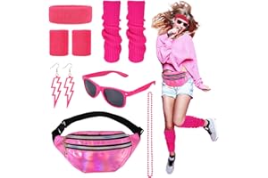 Heyu-Lotus 80er Jahre Outfit Damen, 90er Jahre Kostüm Kleidung Accessoires mit Bauchtasche, Stirnband, Beinwärmer, Armbänder, Brille und Ohrring für Karneval Neon Party