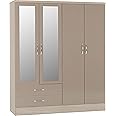 Seconique Nevada 4 Door 2 Drawer Wardrobe in Oyster Gloss/Light Oak Effect Veneer