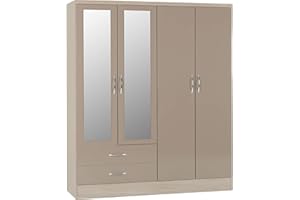 Seconique Nevada 4 Door 2 Drawer Wardrobe in Oyster Gloss/Light Oak Effect Veneer