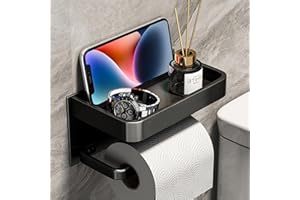 HAPHOME Porte-rouleau de papier toilette sans perçage avec étagère - Porte-rouleau de papier toilette - Support mural en acier inoxydable - Noir - Pour cuisine et salle de bain