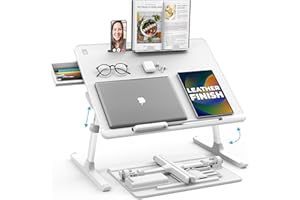 COOPER CASES Cooper Desk Pro Support Lecture et Ordinateur Portable, Table de Lit Inclinable, Plateau Réglable en Hauteur, Cuir, Multifonctions, Tiroir (Blanc Perle)