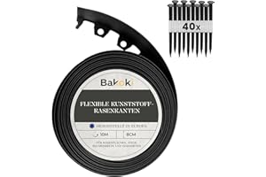 BAKOKI Flexible Rasenkante (10 m | 40 Erdanker | 8 cm Höhe) Schwarz Kunststoff Wetterbeständige Rasenabgrenzung Beeteinfassung Rund - Blumenbeet Umrandung - Mähkante