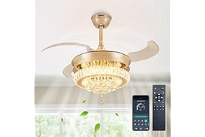 Depuley 36″ Crystal Ceiling Fan with Lights, Dimmable Chandelier Retractable Ceiling Fans, 6-Speed Invisible Blades Fan Light Ceiling for Bedroom Living Room Dining Room, App Control，Gold…