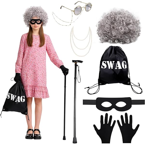 thumbnail interactive-video image 1 of Granny Gangster Adult Fancy Dress Costume - Grey Afro Wig & Black Mask For Book Week/Parties 1 of 6