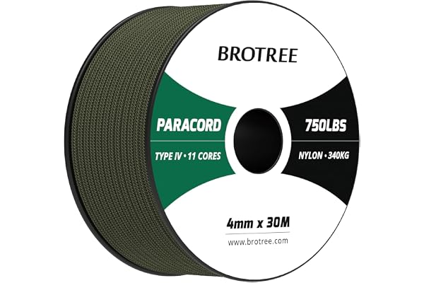 Brotree Paracord 750lbs 4mm 30M Nylonrep 11 Trådar Snöre Typ IV - 280KG Max | Svart, 100% Nylon, UV-beständighet, För Utomhus, Camping, Hundkoppel, DIY, Hantverk