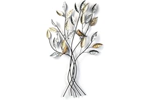 DESIGN DELIGHTS Dekoracja ścienna drzewo z ptakami | metal, 76 cm, srebrny/złoty | metalowy obraz liści, relief, obraz ścienny, rzeźba ścienna