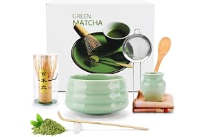 JOYBOY 8 stycken matcha set, matcha teset med matcha kvast, sil av rostfritt stål, matcha skål, 2 matcha skedar, keramikkvast