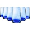Nicola Spring 6pc Merzouga Recycled Highball Glasses - 320ml - Blue Glass - Sustainable Hand-Blown Moroccan Water Cups Dishwasher Safe Drinkware for Juices, Water