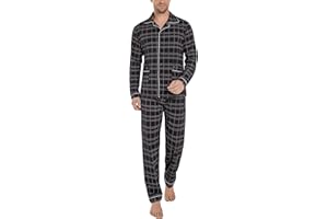 iClosam Pyjama Homme Hiver Coton 2 Pièces Pyjama Homme Long Chaud à Carreaux Ensemble de Pyjama Homme avec Bouton Vêtements de Nuit Homme à Rayé S-XXL