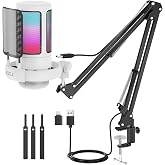 njsj gaming microphone pc with arm usb microphone for mac ps4 ps5 with mute button headphone jack pop filter cardioid condenser microphone for podcast streaming white with boom arm