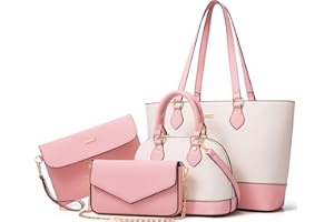 Bagsure Handtasche Damen Schultertasche Handtaschen Tragetasche Damen 4-teiliges Set für Büro Schule Einkauf Reise Geschenk (weiß-rosa)