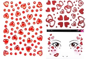 HAWPASY 3PCS Adesivi a Forma di Cuore di Cuore e Cristalli, Tatuaggi Temporanei Brillantini Autoadesivi per Trucco Festival Halloween, Natale, Make Up Viso Corpo Unghie, Nail Art, Cosplay, Party e Decorazioni