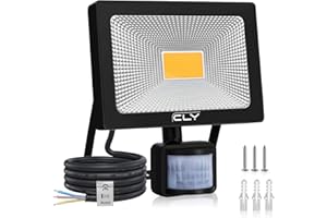 CLV Reflektor LED 50 W z czujnikiem ruchu, reflektor LED 3000 K, ciepła biel, 4300 lm, klasa wodoszczelności IP66, reflektor zewnętrzny, super jasny, oświetlenie LED do ogrodu, na podwórko, do garażu, na drzwi