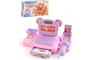 Falafoty Kids Toy Till Cash Register with Scanner/Credit Card/Play Money,Toddler Supermarket Pretend Role Play Shopping Toy Playset for Boys Girls Age 3+ Learning Toy,Imaginative Play Toy Gift (Pink)