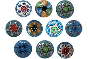 Ajuny, Pomelli in ceramica blu cielo per mobili da cucina, bagno, credenze, cassetti, fatti a mano, con diversi design, 10 pezzi