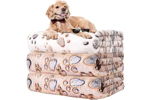 Rezutan Dog Blanket, Cat Blanket, Dog Blankets Washable, Soft Warm Pet Blankets for Dogs, Cute Paw Print, Puppy Blankets for Sofa Bed, 3 Pack(2 Brown+1 White), 110x80cm
