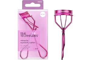 Real Techniques ögonfransböjare, skonsamt verktyg för lyfta fransar, använd med mascara för extra volym, reseformat, bekvämt grepp, nypfritt, rosa, ej djurtestad