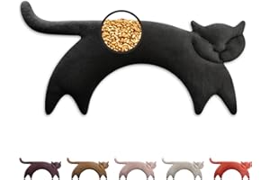 LESCHI Cuscino cervicale termico per microonde, 100% cotone e grano biologico, gatto nero, cuscino riscaldante ideale come fonte di calore in inverno e per alleviare tensioni a spalla schiena collo
