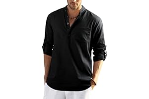 Enlision Uomo Camicia in Lino di Cotone Manica Lunga Henley Shirt con Bottoni Casual Hawaii in Tinta Unita Maglietta T-Shirt da Uomo per Interni Spiaggia Hippie