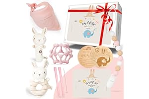 PENGBU RC Baby Geschenk Geburt Mädchen, Neugeborenen Geschenk 6-Teilig für Rassel, Lätzchen, Schnullerkette, Beißring Bälle, Beißröhrchen, Meilensteinkarten, Baby Shower Personalisierte Taufe Geschenke Mädchen