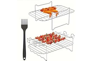 POHOVE Heißluftfritteuse Grillrost für Ninja AF300EU AF400EU, 2 Stück Heißluftfritteuse Grillrost mit 4 Spieß und 1 Silikonölpinsel, Air Fryer Zubehör für Ninja/Ultenic/Innsky/Devology(FARBE:wie gezeigt)
