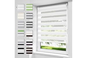 Buseu Store Enrouleur Jour Nuit sans Perçage, Installation Facile par Clips ou Vis, Rideau Occultant à Tissu Double pour Fenêtre ou Porte, Blanc, 40l x 130L cm