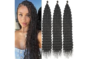 Kachanaa 30 Inch Pre-Separate Black Deep Wave Braiding Hair Extensions Synthetic Crochet Braiding Hair for Goddess Braids 3 Pack Ocean Wave Crochet Hair for Box Braids /1B#
