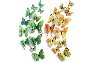 WandSticker4U®- 24X 3D PAPILLONS déco aile double et aimant (jaune +vert), papillon decoratifs pour réfrigérateur meubles mur de la salon chambre cuisine fenêtre chambre d'enfant filles adulte ado