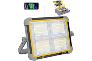 ERAY Faro LED Ricaricabile 150W, Faretto LED da Cantiere Portatile Con Doppio Pannello Solare 336 perle LED/4 Modalità/Batteria da 9000mAh/IP66, Ideale per Emergenza, Campeggio, Riparazione