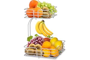Bomclap 2 Etagen Obstkorb mit Bananenhalter - Küche Obstschale aus Metall - Abnehmbare Stehend Obstschalen - Moderne Dekorativer Gemüsekorb Obstkörbe (Silber)