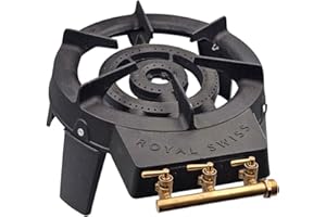 ‎ROYAL SWISS Royal Swiss® Gusseiserner Gasbrenner mit Stativ Doppelbrenner Ø18cm & Ø9cm – 3 Heizstufen mit Messingventilen – Outdoor Campingkocher für Butan & Propan, poèle d'éxtérieur, cadre en fer – Schwarz