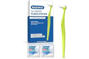 RAZOKO Återanvändbart tandtråds-kit, extra stark strimlresistent tandtråd, för svåråtkomliga områden, PTFE och Pfann-fri, 1 handtag + 120 påfyllningshuvuden