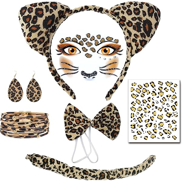 Disfraz De Leopardo Para Mujer – Set De 2 Piezas: Diadema De Orejas Y Tatuaje Facial Con Purpurina, Ideal Para Halloween, Carnaval Y Fiestas Temáticas